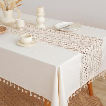 Beige Cotton Linen Rectangle Tablecloth, Crochet Patchwork Design with Tassel Edge, Washable Table Cover for Kitchen and Dining Areas, 55 x 70 Inch