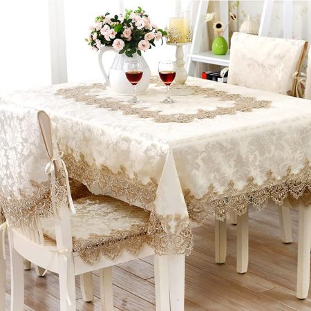 Luxury Embroidered Fabric Tablecloth, Floral Pattern with Lace Trim, Decorative Rectangle Table Cover for Parties, Weddings, Holiday Meals and Family Gatherings, 51 x 71 Inch