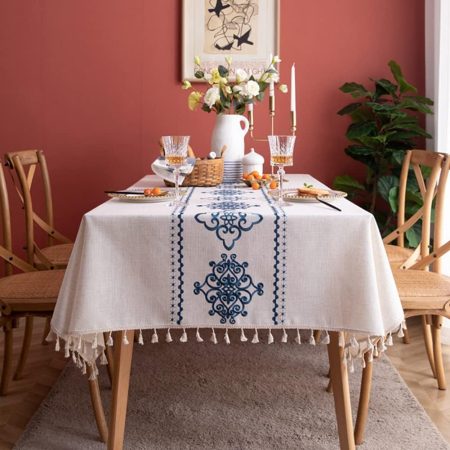 Heavyweight Cotton Linen Tablecloth, Embroidered Damask Pattern with Tassel Edge, Wrinkle-Resistant Farmhouse Table Cover for Indoor and Outdoor Use, 55 x 55 Inch