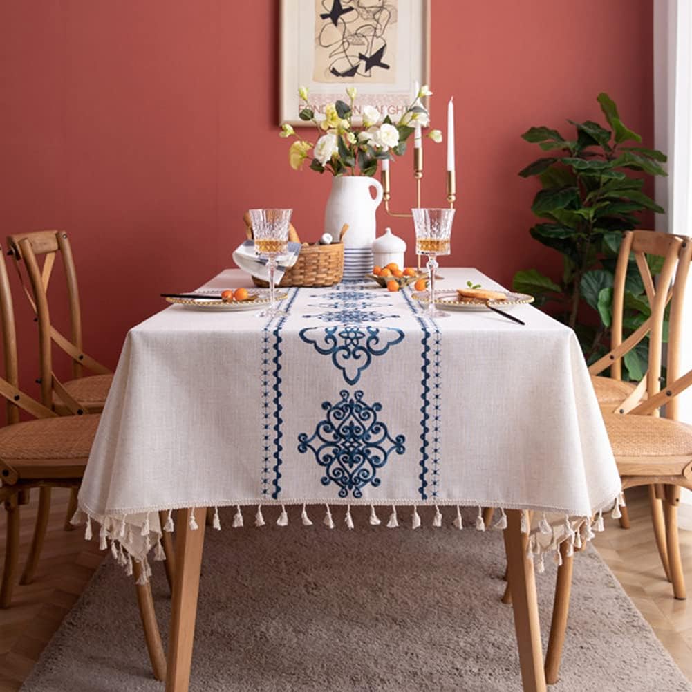 Heavyweight Cotton Linen Tablecloth, Embroidered Damask Pattern with Tassel Edge, Wrinkle-Resistant Farmhouse Table Cover for Indoor and Outdoor Use, 55 x 55 Inch