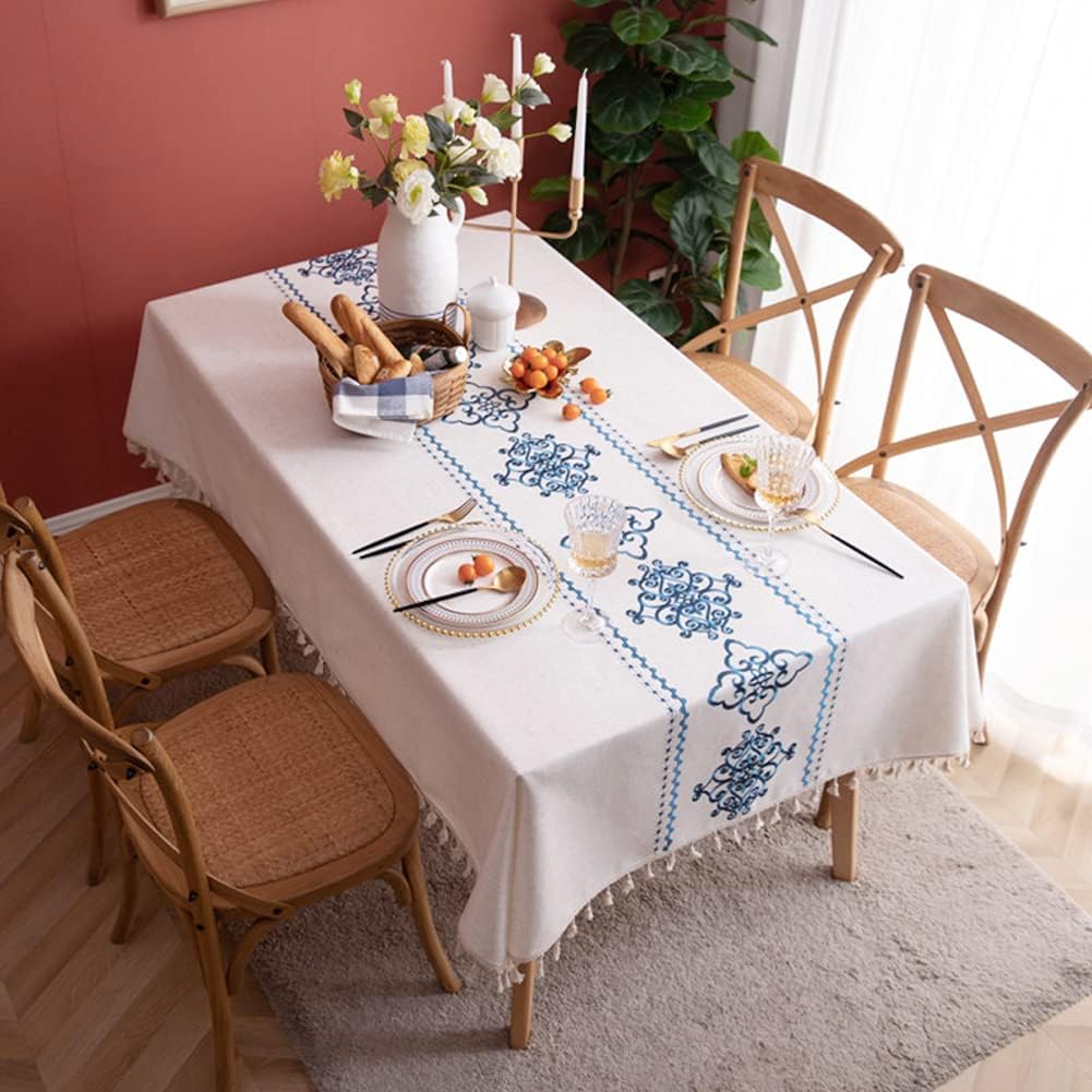 Heavyweight Cotton Linen Tablecloth, Embroidered Damask Pattern with Tassel Edge, Wrinkle-Resistant Farmhouse Table Cover for Indoor and Outdoor Use, 55 x 55 Inch - Image 2