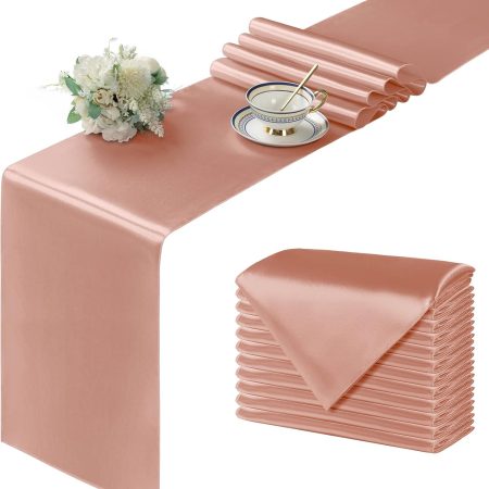 12Pcs Satin Rose Gold Table Runners, 12 x 72 Inch Smooth Table Decor for Weddings, Banquets, Birthdays, Buffets and Special Events