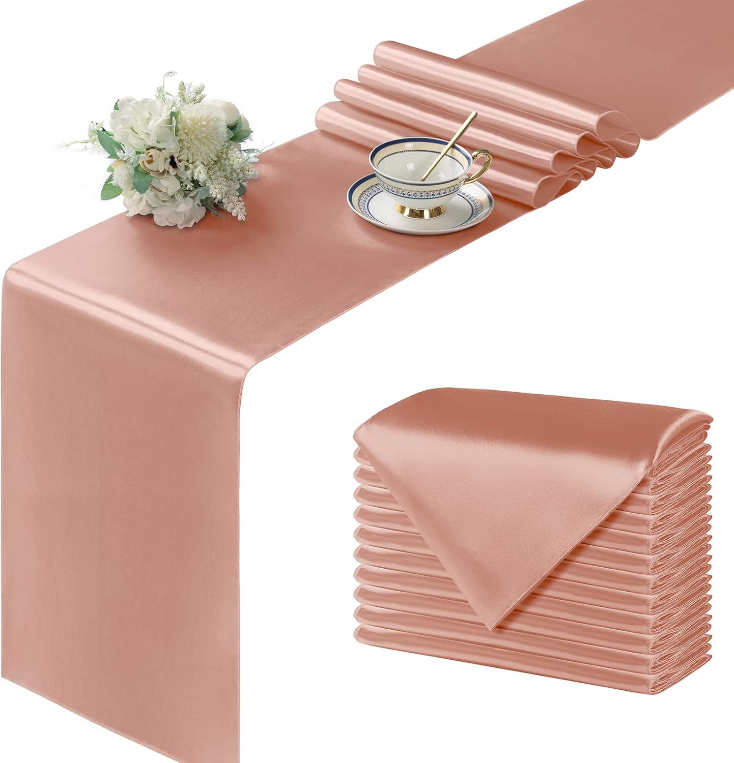 12Pcs Satin Rose Gold Table Runners, 12 x 72 Inch Smooth Table Decor for Weddings, Banquets, Birthdays, Buffets and Special Events
