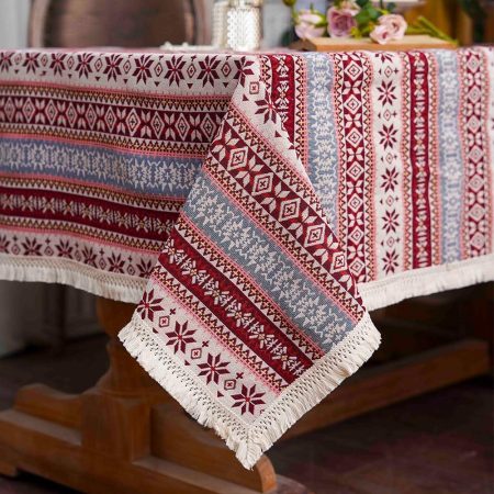 Burgundy Cotton Linen Tablecloth, Floral Lace and Tassel Trim, Dust-Resistant Rustic Rectangle Table Cover for Dining, Holidays, Parties and Buffets, 52 x 70 Inch