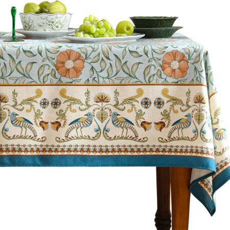 Floral Linen Rectangle Tablecloth, Blue Flower Pattern with Decorative Print, Rustic Table Cover for Kitchen, Dining Room and Holiday Decor, 55 x 79 Inch
