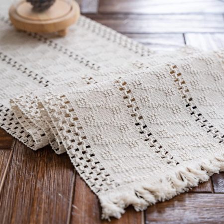 Cream Beige Boho Table Runner, Hand-Woven Cotton Fabric with Tassel Ends, Rustic Farmhouse Dining Table Decor, 12 x 71 Inch