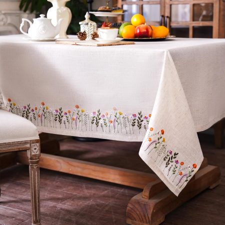 Linen Color Lace Tablecloth, Embroidered Floral Plant Pattern, Elegant Dining and Coffee Table Cover, 52 x 70 Inch