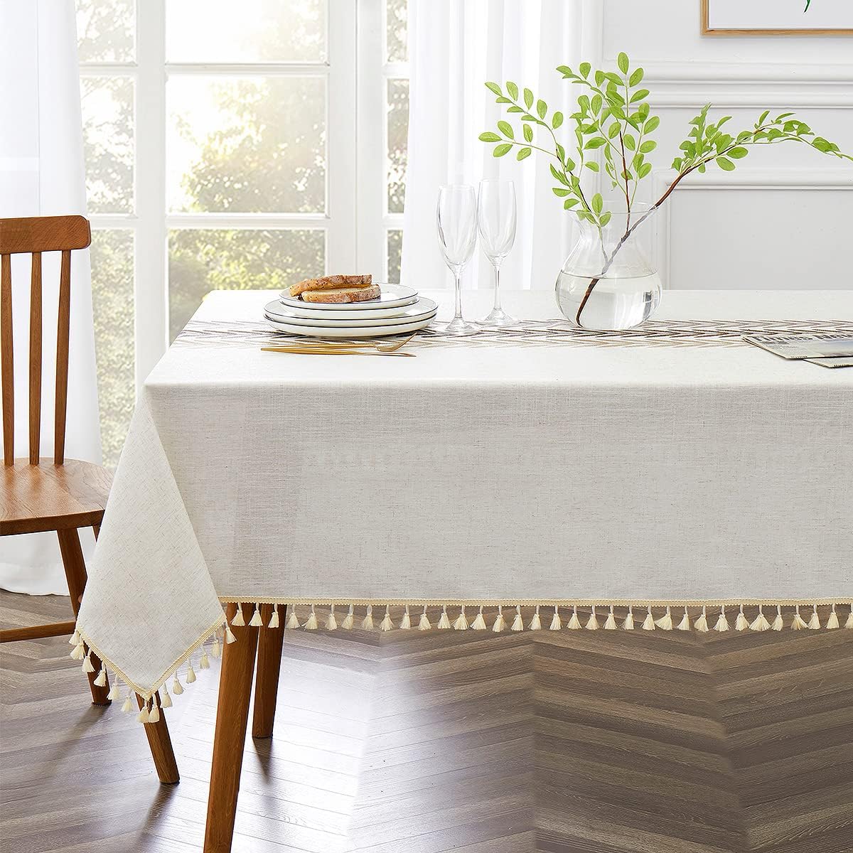 Embroidered Cotton Linen Tablecloth, Dust and Spill Resistant Rectangle Table Cover, Coffee Wheat Pattern, 55 x 70 Inch for 4–6 Seats - Image 2
