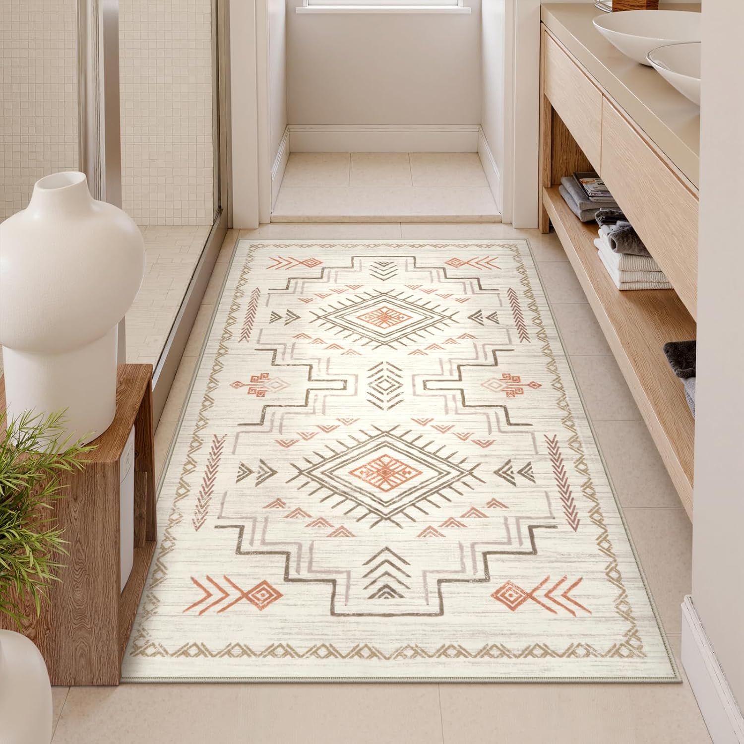 Washable 3x5 Area Rug for Entryway Bedroom Kitchen, Non Slip Low Pile Beige Pattern Carpet Indoor Floor Mat - Image 2