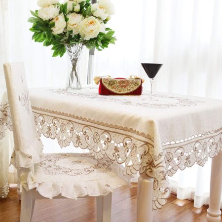 Vintage Embroidered Tablecloth, Brown Floral Pattern, 68 x 120 Inch Oblong Rectangle Table Cover for Elegant Dining Room and Home Decor