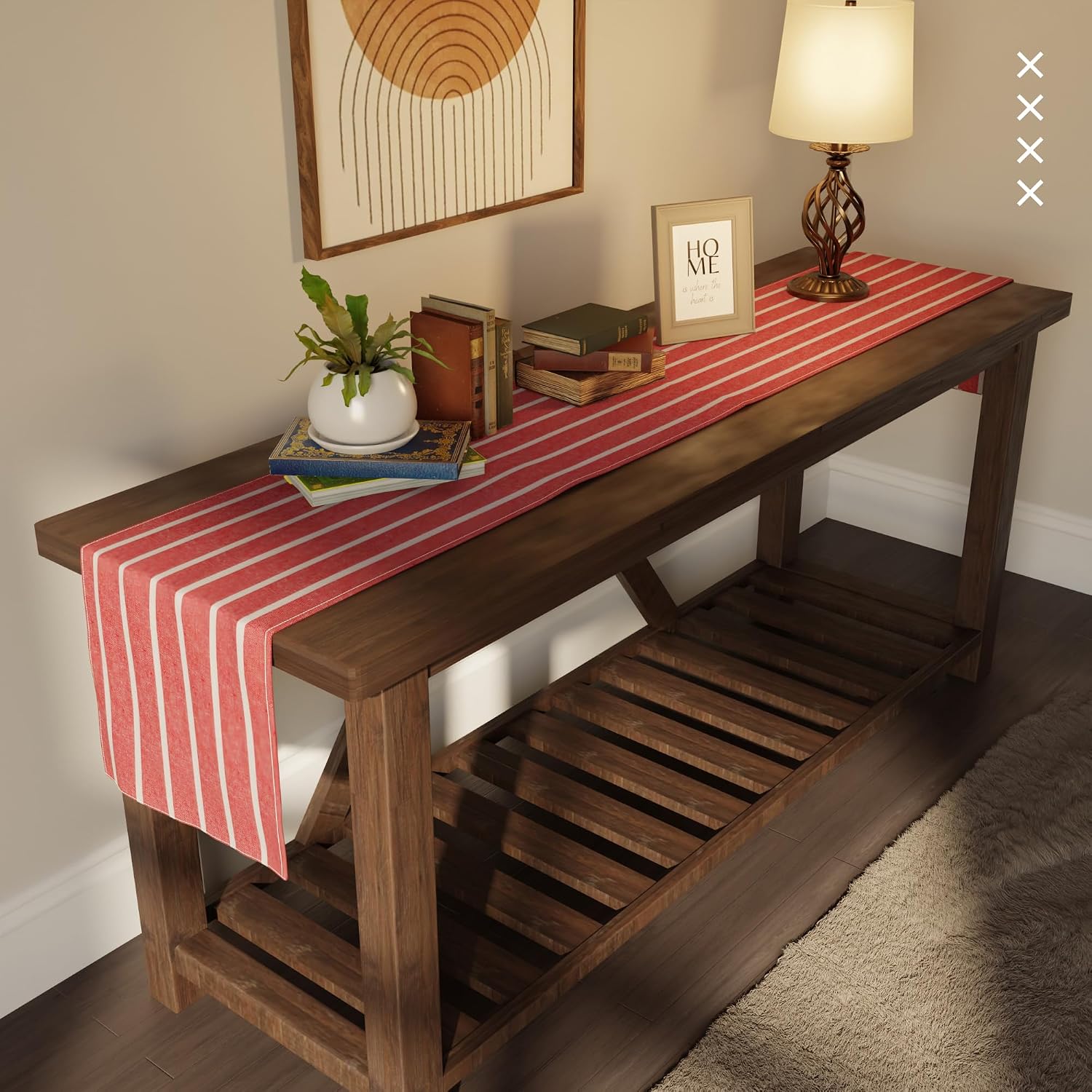 Cotton Dining Table Runner, Roma Red Stripe Pattern, 13 x 104 Inch Washable Table Decor for Kitchen and Dining Room - Image 2