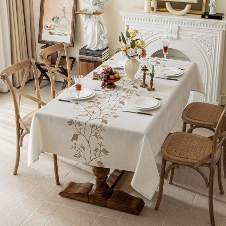 Rustic Waterproof Linen Tablecloth, Heavyweight Beige Embroidered Table Cover for Rectangle Tables, Farmhouse Dining Decor, Coffee Leaf Pattern, 55 x 86 Inch