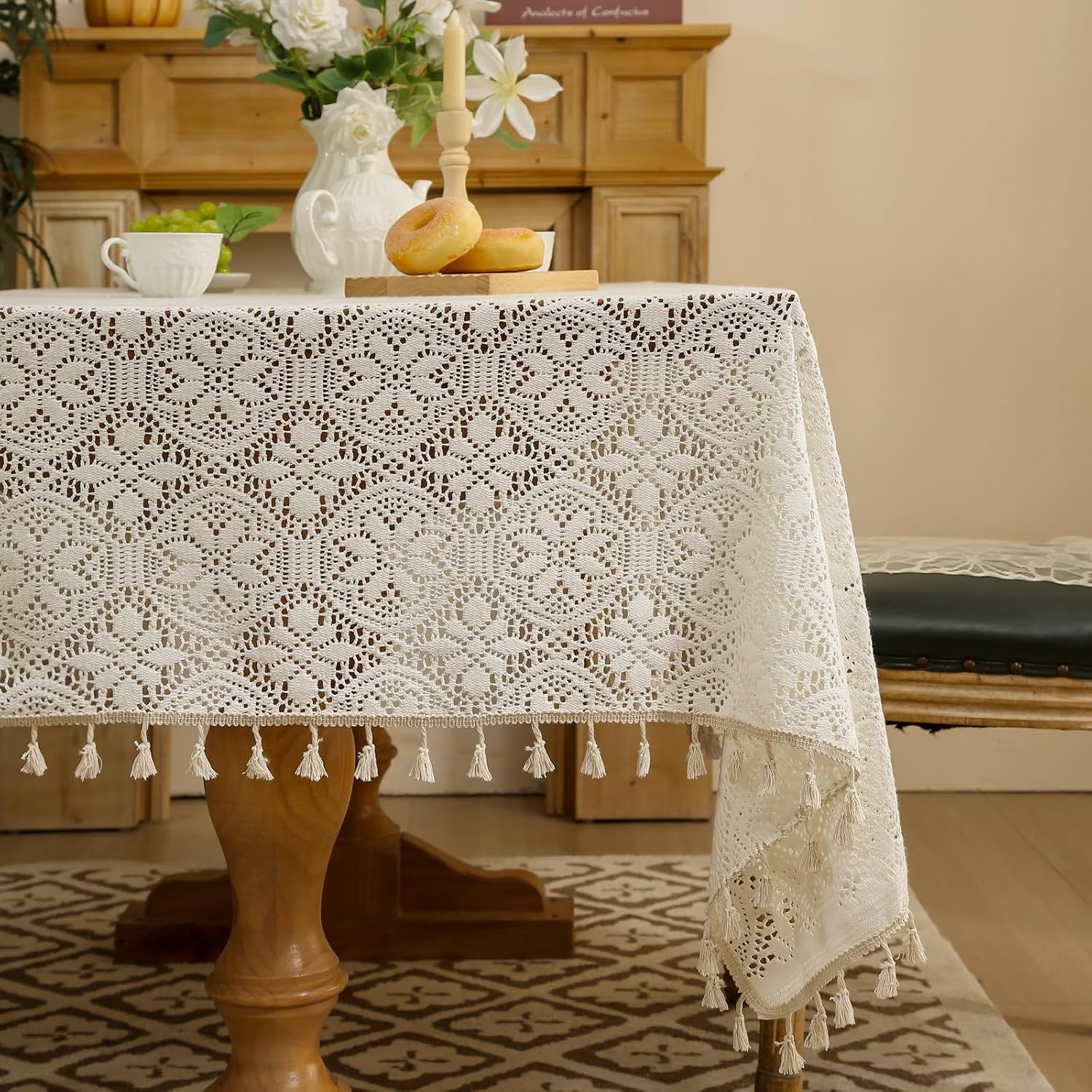Beige Crochet Tablecloth with Tassels, Boho Floral Embroidered Lace Table Cover, Rectangular Dining Decoration for Parties and Celebrations, 60 x 60 Inch