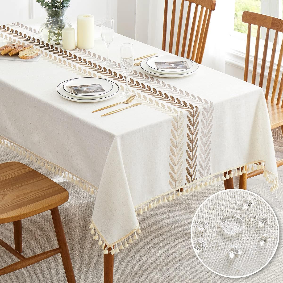 Embroidered Cotton Linen Tablecloth, Dust and Spill Resistant Rectangle Table Cover, Coffee Wheat Pattern, 55 x 70 Inch for 4–6 Seats