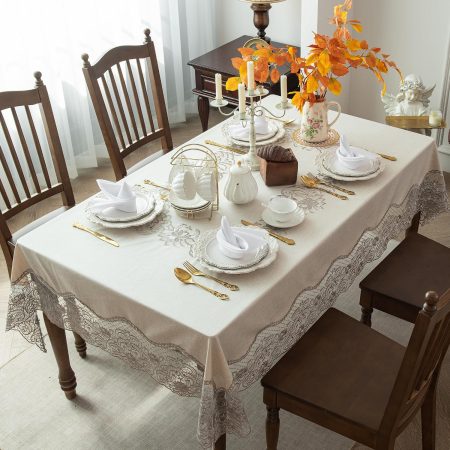 Faux Linen Embroidered Tablecloth, 60 x 84 Inch Rectangle Table Cover, Water-Resistant Decorative Fabric with Vintage Farmhouse Style for Dining and Outdoor Use