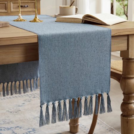 Rustic Linen-Style Table Runner, Cotton Linen Farmhouse Table Decor, 90 Inch Long with Hand-Tied Tassels for Everyday Dining, Dusty Blue