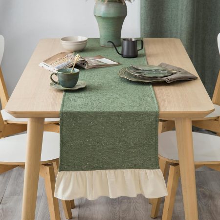 Olive Green Textured Table Runner, Cotton Fabric with Ruffled Trim and Flounce Edge, Rustic Farmhouse Dresser and Tabletop Decoration