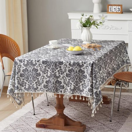 Gray Boho Cotton Linen Tablecloth, Floral Print with White Tassel Lace Edge, Wrinkle-Resistant Rectangle Table Cover for Kitchen and Dining Room, 55 x 55 Inch