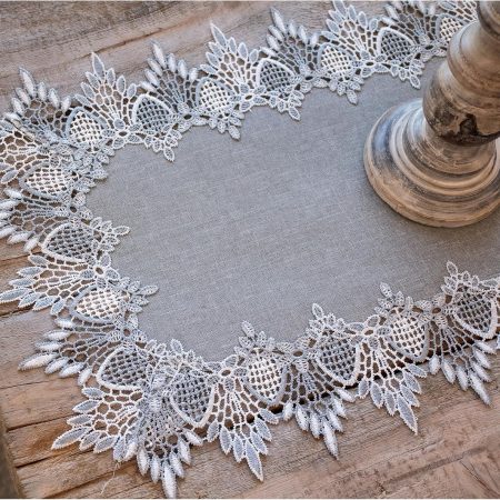Earth Tone Lace Table Runner, Silver Lace Fabric Dresser Scarf, 14 x 28 Inch Decorative Runner for Home Furniture